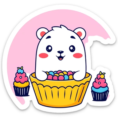laughing bear floating in a party ring with mini cupcakes sticker
