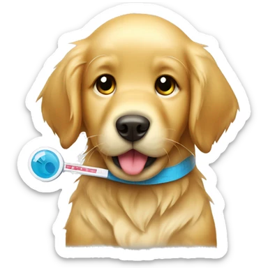 Sick golden retriever puppy with thermometer in mouth  sticker
