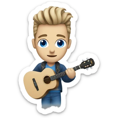 a white with blue eyes man wearing cardigan with a manbun playing guitar sticker