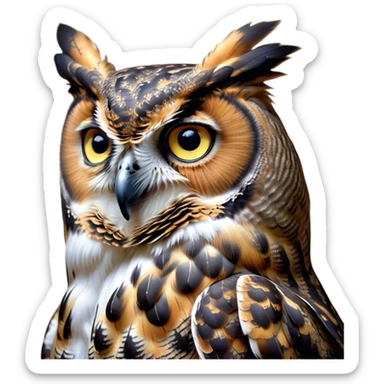 Cinematic Noble Great Horned Owl Portrait Emoji, Poised and regal, with a commanding, broad build and a richly mottled plumage of grays, whites, and subtle browns, deep-set soulful golden eyes, Simplified yet sharp and sophisticated features, highly detailed, glowing with a soft, dignified glow, high shine, intelligent and enigmatic, stylized with an air of nocturnal majesty, focused and attentive, soft glowing outline, capturing the essence of a watchful and confident raptor, so majestic it feels as though it could silently swoop out of the screen with effortless authority! sticker