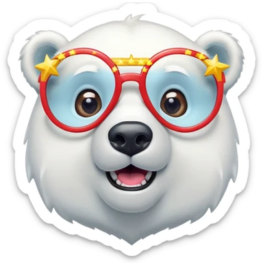head and shoulders of a friendly anthropomorphised polar bear wearing oversized colorful star glasses, excited expression sticker