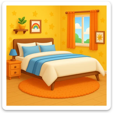 Add a colorful bedroom background with bright walls, playful decorations, and a cozy rug. Keep the room tidy and inviting in emoji style sticker