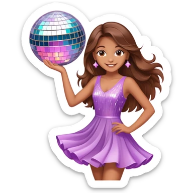 Girl with long brown hair dancing like nobody’s watching, cute elegant quirky  discoball in background pastel  sticker