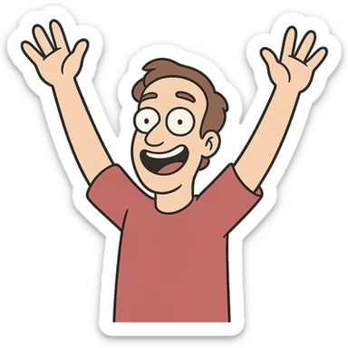 person raising both hands, cheerful expression, flat toon style sticker