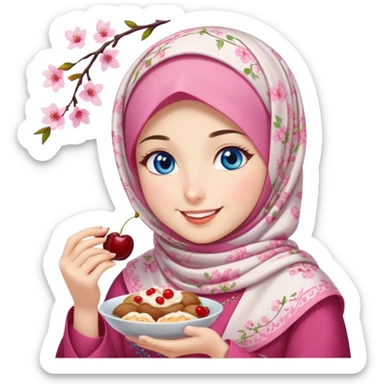 Turkish beautiful finish Konya girl blue eyes with cherry blossom floral hijab islamic dress and she’s savouring delicious food face sticker