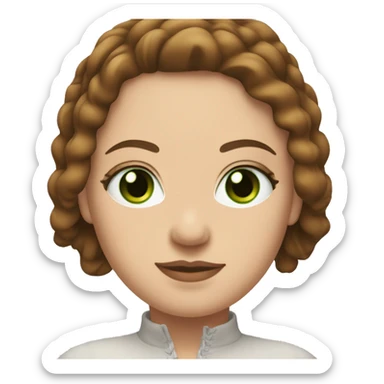 Face of a White curvy girl with green eyes long brown hair with a bit of volume. She’s wearing a top long sleeve with laces sticker