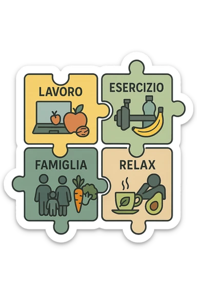 Puzzle (Lavoro, Esercizio, Famiglia, Relax), in lavoro metti icona di un PC, in Esercizio un Manubrio, in Famiglia una famiglia, in Relax qualcuno che riposa and healthy foods are integrated into each piece. in italiano sticker