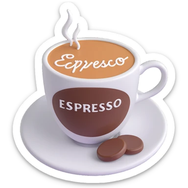 A cup of coffee with the word “Espresso” written on the foam, close-up, warm lighting, simple background sticker