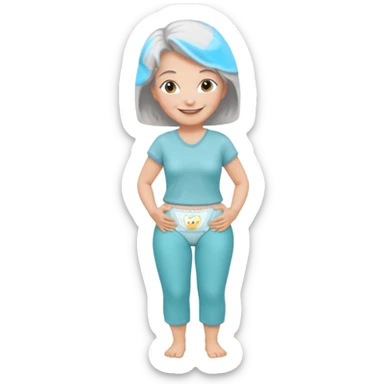 a Woman, mid 50 with light grey hair, wearing pampers (incontinence pants) sticker