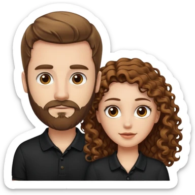 Criar Casal - Homem branco de cabelo liso e olhos marrom, com barba, camiseta polo preta e mulher de pele branca cabelo cacheado marrom longo e olhos mel sticker