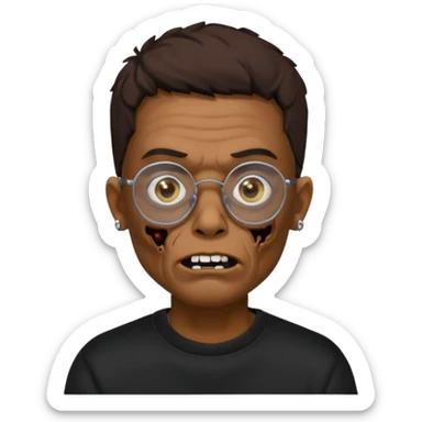 Chico moreno zombie, con gafas y sudadera negra, dos aretes en la oreja izquierda y dos en la derecha, ojeras en los ojos y sticker