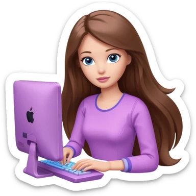 beautiful barbie girl with long brown hair, blue eyes and wearing light purple clothes playing computer games sticker