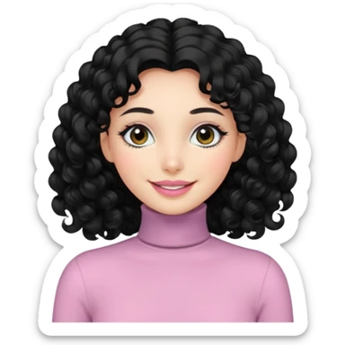 a woman with long sleeve turtle neck top and smile, her hair is long curly and the color is black, her eyes color are black and the color of her lip is soft pink sticker