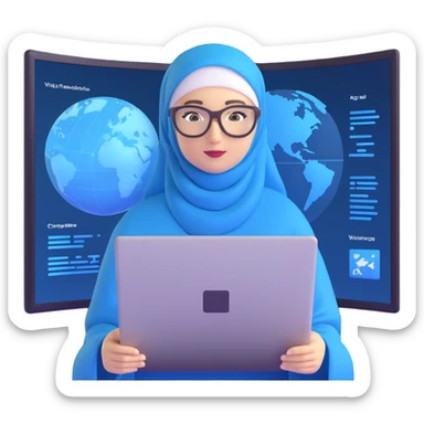 computer engineer with white hijab wearing blue outfit, presenting her metaverse creation with a large digital screen behind her displaying virtual worlds and code, laptop open in front of her showing programming interface, AR glasses, professional stance sticker