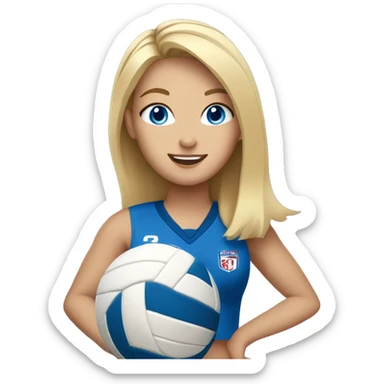 blonde girl with blue eyes  in a volleyball uniform holding a volleyball sticker