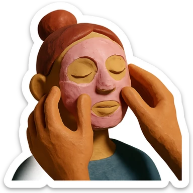hands applying a clay mask to a face, claymation style sticker