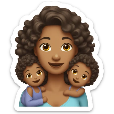mom with light tan skin, shoulder length dark brown curly hair carrying 2 babies  sticker