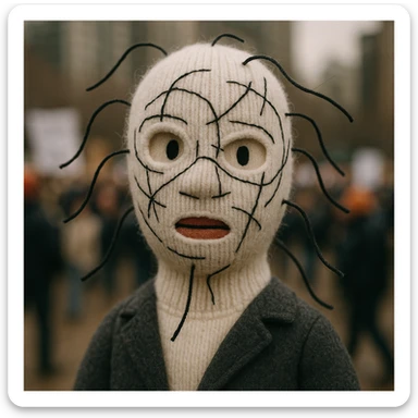 The mask is a full-head, white knitted balaclava with a tight ribbed texture. It features two asymmetrical eye openings and a partially exposed mouth area. Black thread is stitched across the surface in chaotic, abstract lines that trace facial features, giving a hand-drawn effect. Several black cords extend outward from the mask, varying in length and direction, adding a sculptural, almost organic appearance. The overall look is bold, handcrafted, and visually striking. sticker