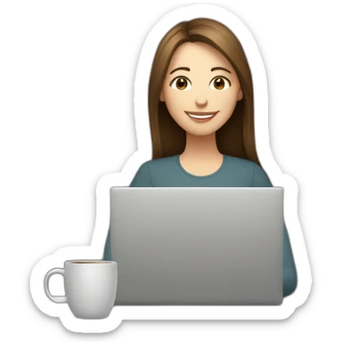 eyes closed smiling woman pale skin middle brown long straight hair holding a closed laptop and a coffee mug sticker