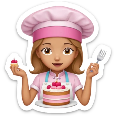cute girl with pink chef hat eating a cake sticker
