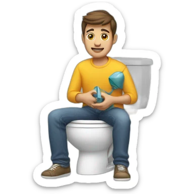 A guy sat on the toilet holding a toy airplane  sticker