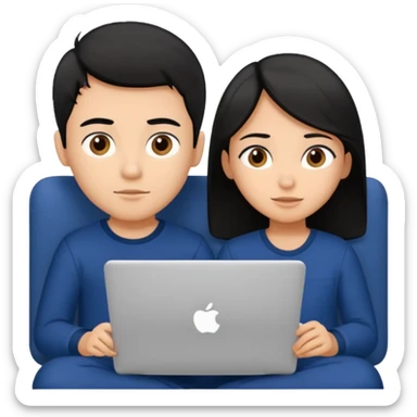 black haired boy and girl in navy blue pajamas , watching movie on laptop sticker
