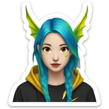 Lady with brunette and iridescent blue hair, gold, lime green dragon wings, black hoodie, bleach dyed, black and gold Nike t shirt, and bright red eyes sticker