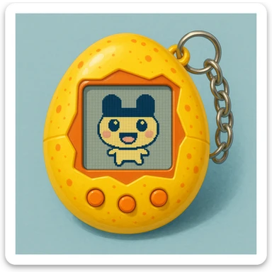 Tamagotchi virtual pet device, egg shaped, three buttons, Mametchi character on the screen, attached keychain, playful and nostalgic style sticker