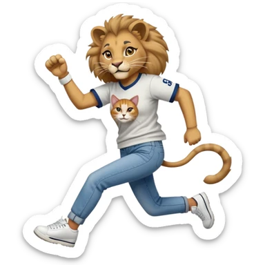 friendly anthropomorphised female lion in a baseball shirt, jeans, and trainers helping a hip-hop, RUN DMC-inspired female cat up after falling down sticker