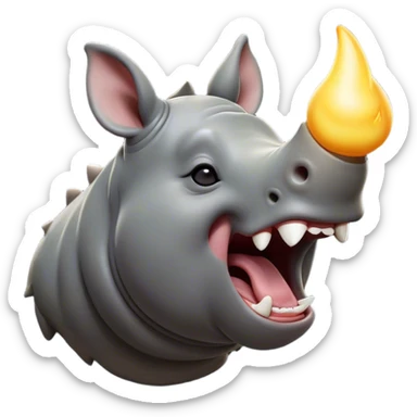 Cinematic Cute Yawning Rhinoceros Portrait Emoji, Head tilted slightly with a dramatic, wide-open yawn, showcasing a soft, textured slate-gray hide with a slightly drooping white horn and eyes barely open in drowsy contentment, Simplified yet irresistibly adorable features, highly detailed, glowing with a soft, cozy glow, high shine, relaxed yet expressive, stylized with a touch of rugged whimsy, bright and endearing, soft glowing outline, capturing the essence of a sleepy yet affectionate rhinoceros, so drowsy it feels like it could stretch out of the screen and curl up for a nap! sticker