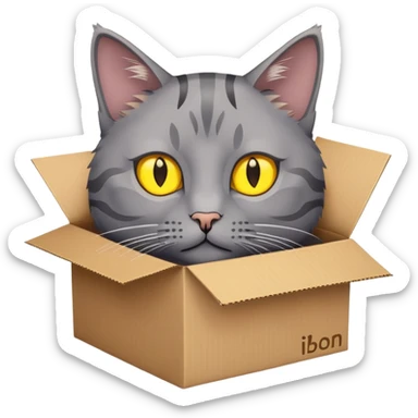 Grey cat with yellow eyes in Amazon box ￼ sticker