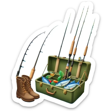 Icon for Fishing Travel: a fishing rod, tackle box, boots, and a boat by a serene lake, with fish jumping out of the water and surrounded by lush nature. The icon should capture the peaceful and adventurous spirit of fishing trips. Transparent background. sticker