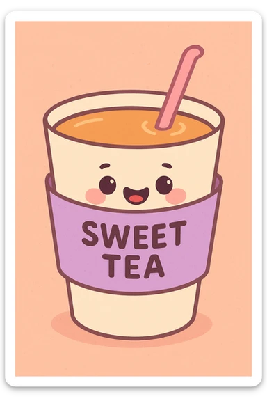 sweet tea cup with a lavender colored sleeve and a pink straw, pastel colors, soft shading sticker