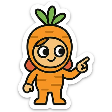 Nora the nutrition navigator icon, playful stylized character, carrot or apple theme, big eyes, guiding gesture, clean modern icon style sticker