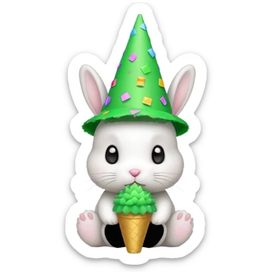 Rabbit in Green Party Hat – white bunny with cone party hat and confetti. sticker