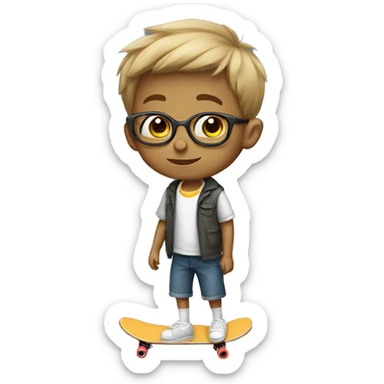 A short boy with glasses and a skateboard sticker