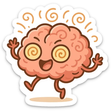 playful, slightly chaotic cartoonish brain with swirls or spirals, energetic expression sticker