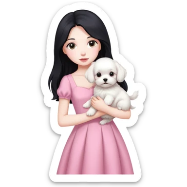 beautiful girl with long black hair wearing pink dress holding a white Maltese puppy sticker