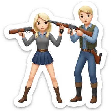 A girl shooting a man’s leg with a shotgun sticker