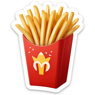 Cinematic crispy golden French fries, piled high, sprinkled with salt, served in a red carton, warm and inviting, rich golden hues, perfectly crunchy and delicious. sticker