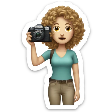white woman with curly hair holding digital camera sticker