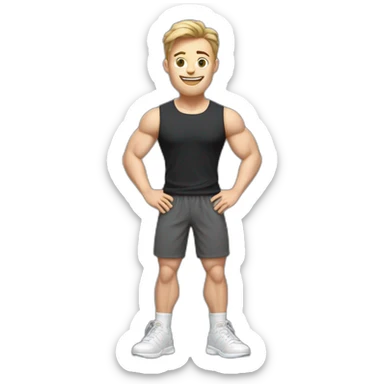 Full height Actively gesturing with hands Pale skinned Fit Man With the biceps and light brown hair with Bristle in dark gray Sleeveless Mike, black oversize sports shorts and white Sneakers sticker