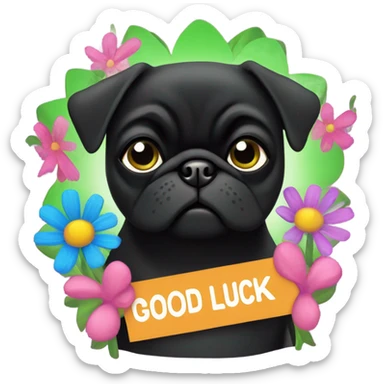 Black pug , surrounded by flowers, holding a green sign that says “good luck”  sticker
