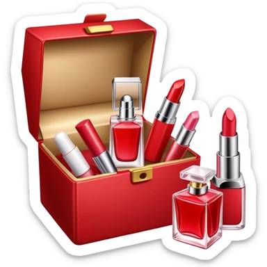 an opened box with a few beauty items such as lipstick and perfume sticker