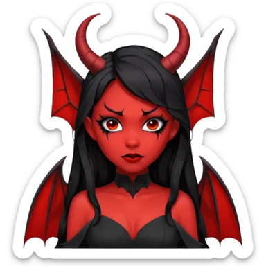 demon girl, skin red , black long hair, small horns, bat wing, black open-back dress, bold black outlines, red+black palette sticker