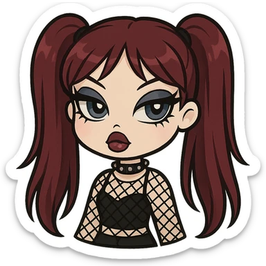 bratz-inspired emo girl, burgundy long hair in pigtails, pale skin, blue eyes, dramatic eyeliner, fishnet top, chibi sticker style sticker