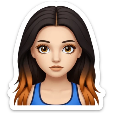 Pale girl with long black/brown hair with ginger streaks,wearing fake lashes,latina baddie makeup and a blue crop top sticker