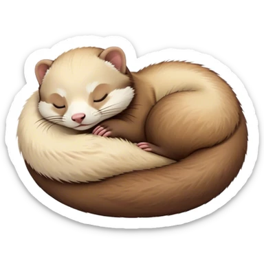 Meme-Worthy Cute Sleeping Ferret Portrait Emoji, Head resting peacefully with a contented smile, showcasing a long, flexible body curled up in cozy repose, luxuriously soft fur in warm brown and cream, and eyes gently closed in serene slumber, Simplified yet hilariously adorable features, highly detailed, glowing with a soft, drowsy natural light, high shine, relaxed and utterly lovable, stylized with an air of playful laziness, bright and heartwarming, soft glowing outline, capturing the essence of a sleeping ferret that feels destined to become the next viral sensation of adorable rest! sticker