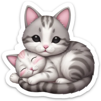 grey and white small cat with eyes closed lying down upside down tightly hugging its own face sticker