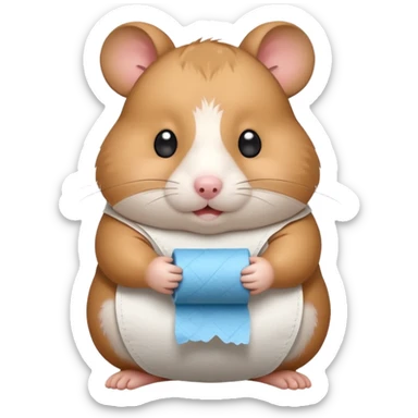 Cute chubby cartoon-style hamster sitting on toilet holding toilet paper looking as if he had an accident, sticker-style illustration sticker